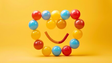 3D rendering of a happy face made of colorful balls.