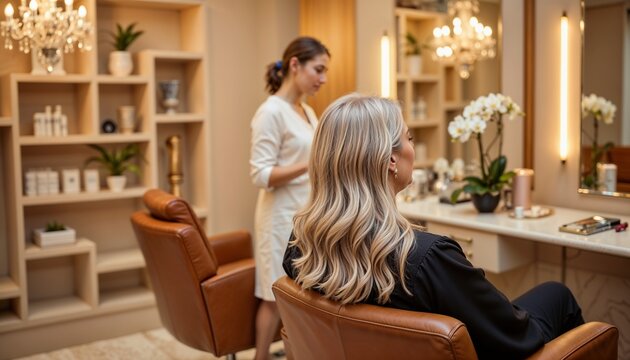 Woman receiving hair treatment in a modern salon with elegant decor  
