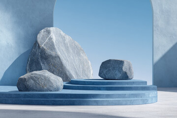 blue geometric Stone and Rock shape background, minimalist mockup for podium display or showcase