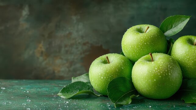 A collection of fresh green apples glistening with water droplets, symbolizing freshness and health, making them visually enticing for health enthusiasts and culinary uses.