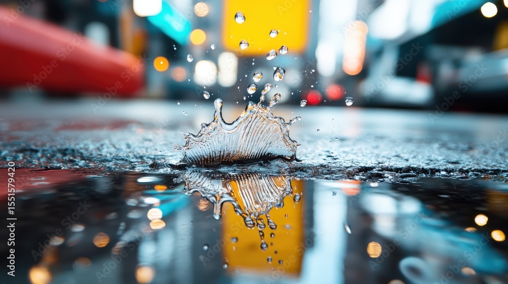 Poster a striking image of water droplets splashing on a wet urban surface, reflecting dynamic movement and