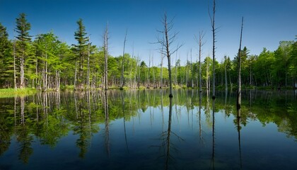 Obraz premium reflection trees at kitch iti kipi spring in michigan s upper peninsula