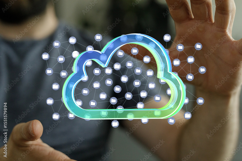 Poster secure cloud storage, data network, file sharing, digital technology, online backup.