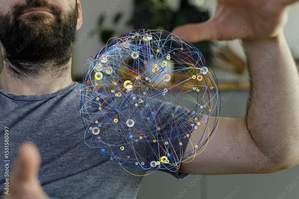 Poster stock photo of a man interacting with a digital sphere representing a global network.