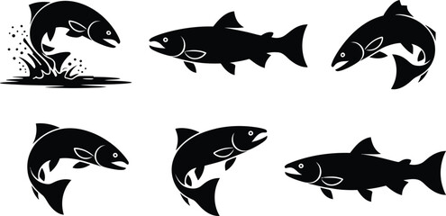 Fototapeta premium Salmon fish silhouette vector set, collection of jumping and swimming salmon icon in black isolated style