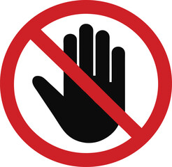 "Prohibition sign with black hand crossed out by a red circle and slash, flat design for restricted access"
