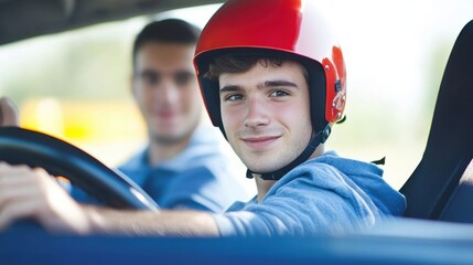 Young driver with a red helmet and instructor on a driving lesson for safety
