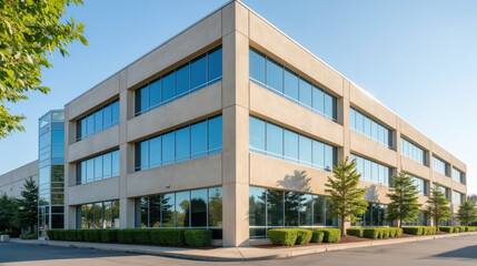 Modern office building with large glass windows and clean exterior, surrounded by neatly trimmed bushes and trees, reflecting bright day