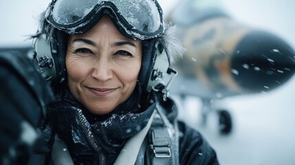 An empowered female pilot exudes confidence with a smile against a snowy backdrop, showcasing her strength, determination, and adventurous spirit in a dynamic environment.