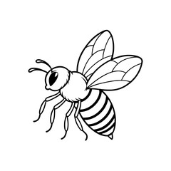 Detailed Black and White Illustration of a Honeybee Flying with Striped Abdomen and Veined Wings in a Simple Style