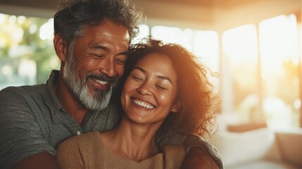 Fototapeta premium A heartwarming moment shared between a couple in a sunlit indoor setting, encapsulating the essence of love and happiness with genuine smiles and warm embraces in life together.