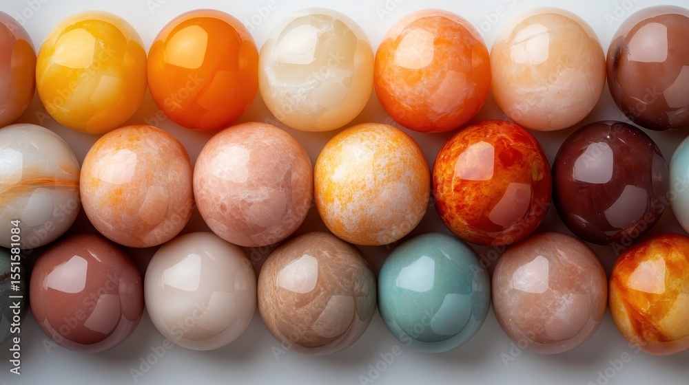 Poster an array of vibrant, glossy orbs displayed in various warm and cool shades, depicting visual harmony