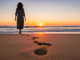 Bare footprints stretch along sunset beach as woman walks slowly, golden sky and gentle tide forming serene shoreline view