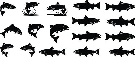 Salmon fish silhouette vector set, collection of various salmon pose and activity in black isolated style