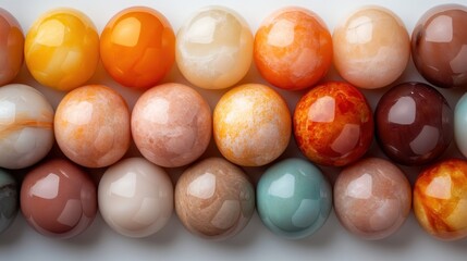 An array of vibrant, glossy orbs displayed in various warm and cool shades, depicting visual harmony and artistic flair in a collection that captivates the viewer's attention.