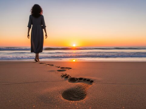Bare footprints stretch along sunset beach as woman walks slowly, golden sky and gentle tide forming serene shoreline view
