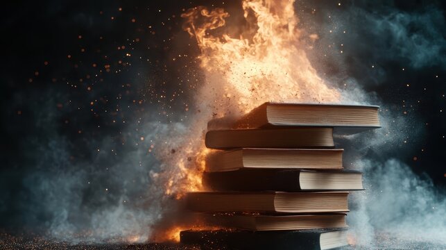 A dramatic image of books engulfed in flames, surrounded by smoke and ash, symbolizing destruction and loss of knowledge, igniting strong emotions tied to literature's fate.