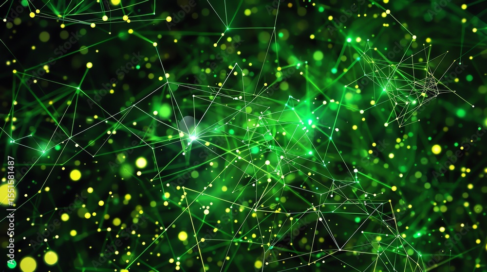 Poster glowing green particles form a beautiful and intricate network, creating a sense of depth and moveme