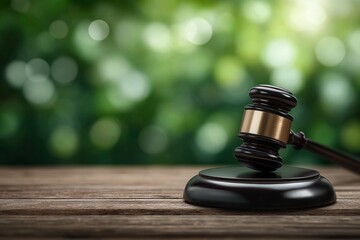 A judge's gavel lies on wood within a peaceful forest, representing justice for the environment