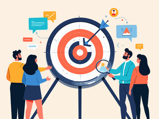 arget Audience Analysis Concept Magnifying Glass, People Network, Bullseye
