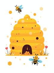Beehive honey sign with hexagon grid cells and bee cartoons on white backgrounds vector