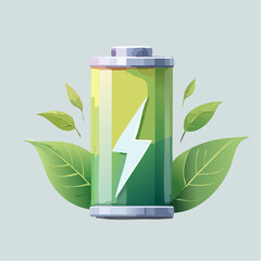 A battery with a lightning bolt symbol surrounded by green leaves