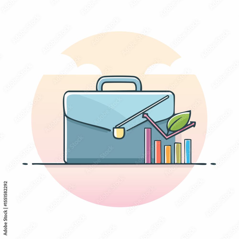 Poster a lightblue briefcase sits behind multicolored bars with a pink line and green leaf on a background 