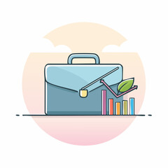 A lightblue briefcase sits behind multicolored bars with a pink line and green leaf on a background of soft colors