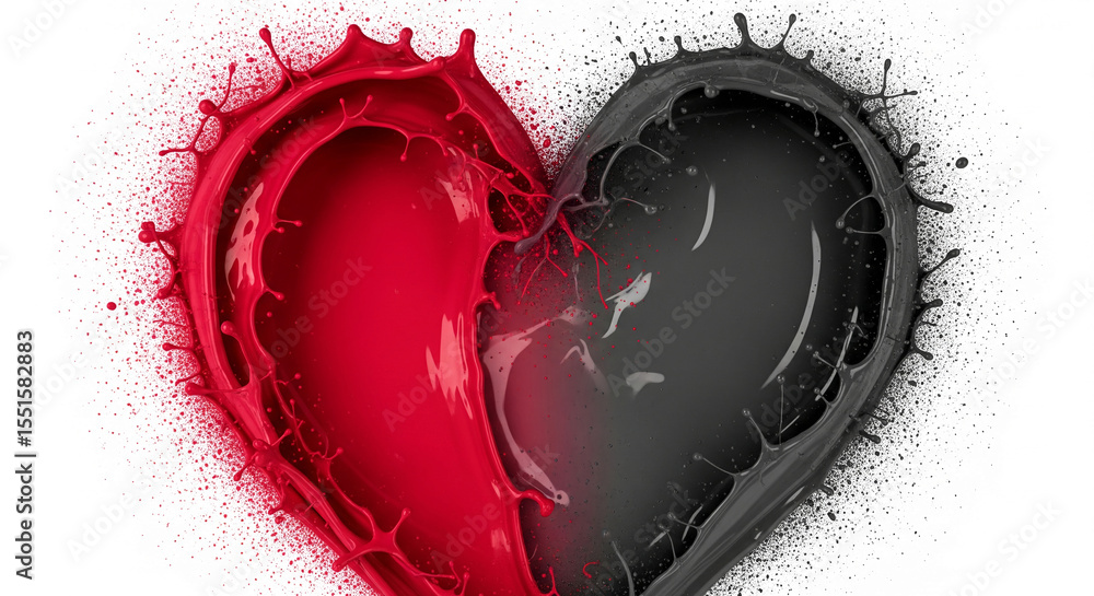 Poster red and gray paint splashes form heart shape, dynamic and contrasting design, symbolizing valentine'