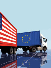 Freight containers with united states and european union flags representing international trade and commerce 