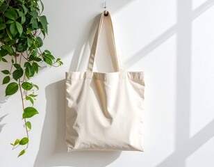 Tote bag hanging on white wall with green plant on the right. Simple and clean tote bag mockup hanging on a white wall, ideal for eco-friendly product presentation or branding design.