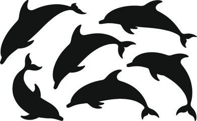 Naklejka premium Dolphin silhouette vector set, collection of dolphin swimming and jumping pose icon in black isolated style