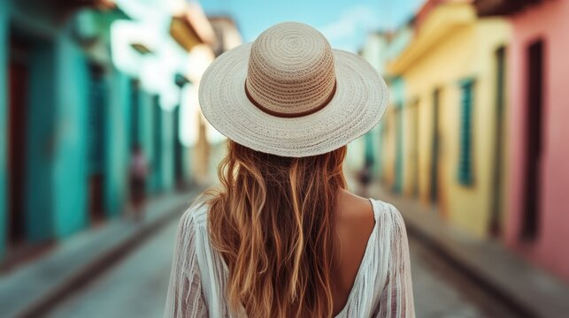 A young woman in a straw hat walking through a vibrant city street with colorful buildings, exuding a sense of adventure and style while exploring the charming locale.