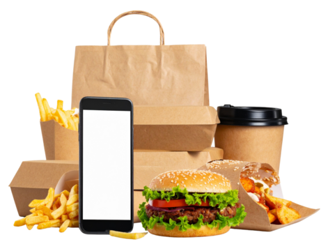Scattered Fast Food Items on Table with Phone Ordering Screen, isolated on transparent background.