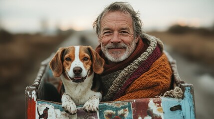 A happy older man poses with his beagle in a rustic wagon, symbolizing warmth, companionship, and the bond between humans and pets in a serene outdoor setting.
