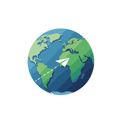 Paper Globe with Flying Plane and Dashed Trail, Flat Vector Icon