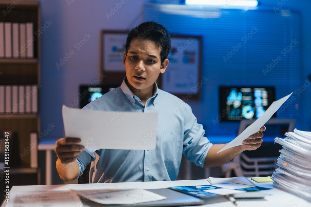 Poster young professional working late in a modern office, comparing and analyzing documents on a computer 