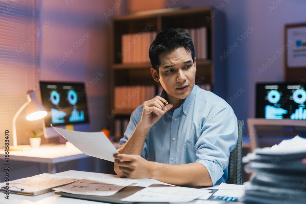 Poster focused asian financial analyst reading documents and analyzing statistics displayed on computer scr