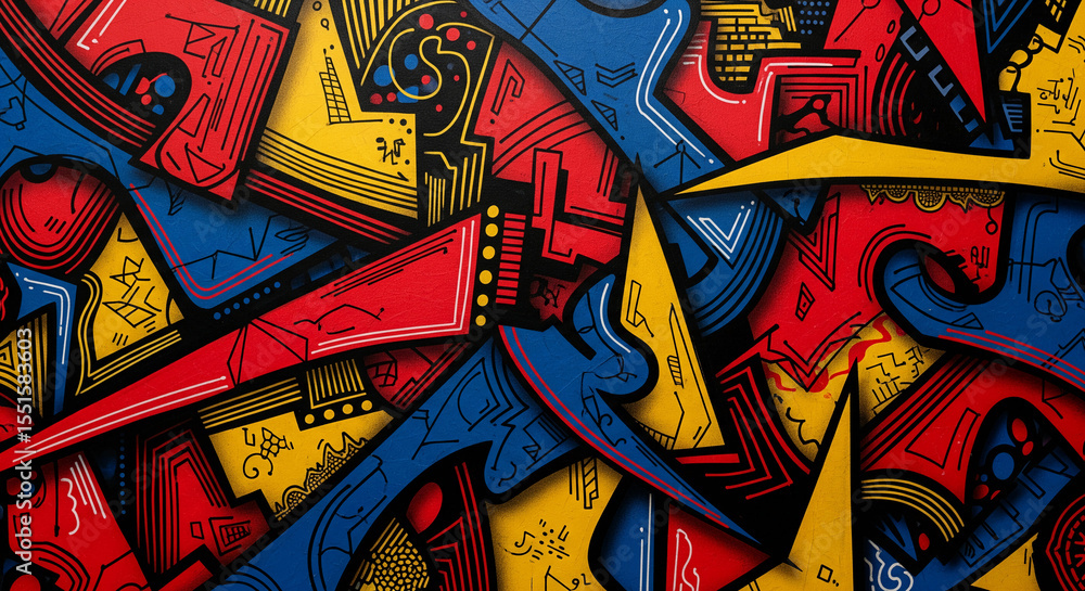 Poster abstract graffiti art featuring red, blue, and yellow geometric shapes, creating a vibrant and dynam