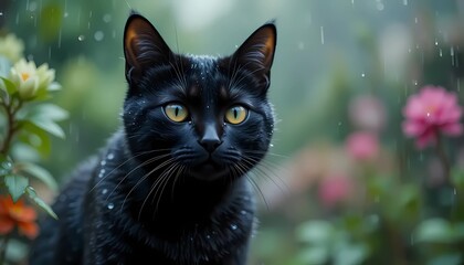 Dark color Cat Stares Intensely on bokeh Rain background