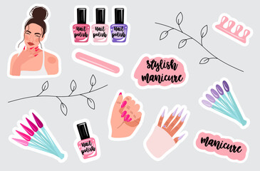 Illustration of manicure stickers on a gray background.