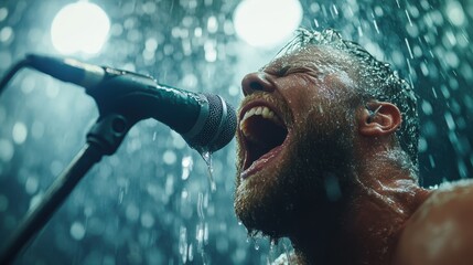 A passionate singer belting out a powerful song amidst heavy rainfall, creating an electrifying atmosphere that captures a moment of raw emotion and artistic expression.