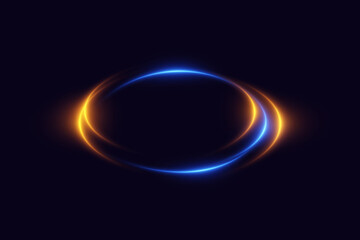 Glowing swirl of orange and blue neon light trails on dark background