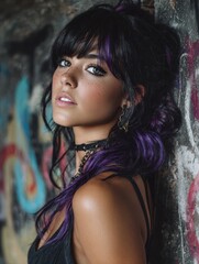 Fototapeta premium Portrait of Young Woman with Purple Highlights in Urban Setting