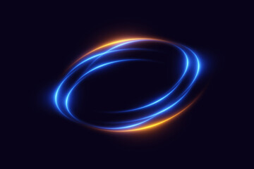Glowing swirl of orange and blue neon light trails on dark background