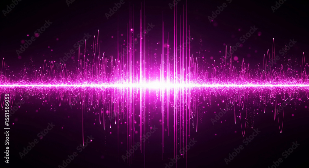 Poster Abstract pink light wave pattern on dark background, creating a dynamic and energetic visual, suitable for music or technology themes