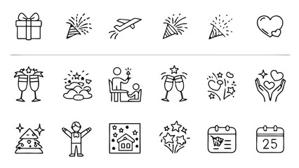 Fototapeta premium Collection of holiday icons including gift, airplane, calendar, christmas tree and party elements
