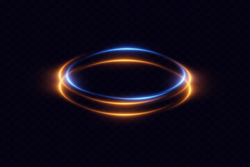 Glowing swirl of orange and blue neon light trails on dark background