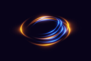 Glowing swirl of orange and blue neon light trails on dark background