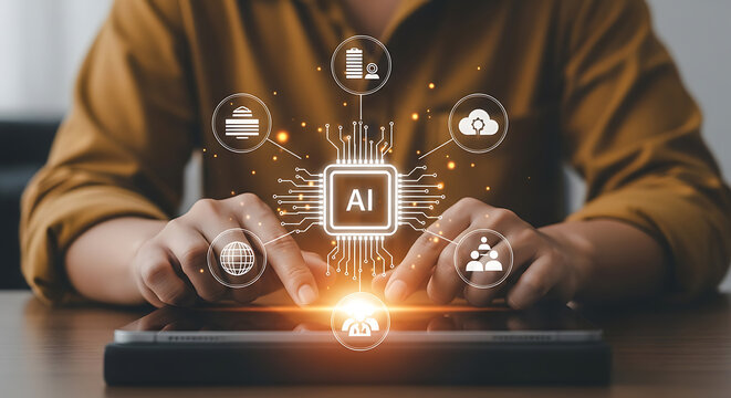 Person interacting with ai technology via tablet display for future data and information processing